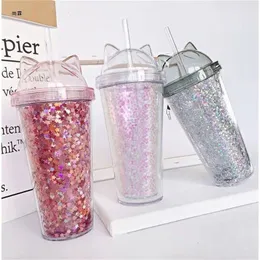 Бутылки с водой Sequined BPA Бесплатная бутылка с водой со соломенной пластиковой вспышкой кошка уш