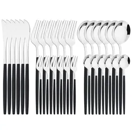 Servis uppsättningar 30st Black Silver Cutlery Knifit Fruit Forks Cake Fork Tea Spoon Rostfritt stål Tabelleris Party Kitchen Tool 230320