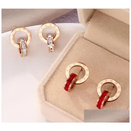 Orecchini di diamanti di cristallo a bottone in oro rosa moda acciaio al titanio doppia ferita numeri romani orecchini a bottone per gioielli regalo donna ragazza Dhug5