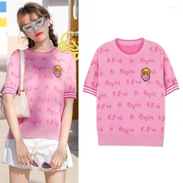 Kvinnors blusar Kvinnor/sommar stickade toppar tecknad broderade kvinnliga bokstäver rosa pullover söt kawaii t-shirt topp ns576