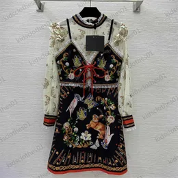 Vestido feminino destacável renda guarnição sobreposição pequeno suspender vestido de mangas compridas luxo quente broca impresso plissado borda decoração gola alta maxiskit designer