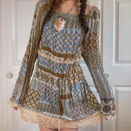 Lässige Kleider 90er Jahre Vintage Fee Grunge Minikleid Falten Spitzenbesatz Langarm Schulterfrei Herbst Y2K Frauen Kawaii Harajuku Kleidung