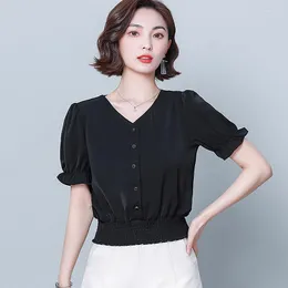 Women's Blouses 2023 Summer Short Sleeve Chiffon Shirt Women Chemise Femme Button Up Casual Loose Black TopsBlusas Camisas Mujer