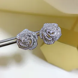 Orecchino a bottone con diamante fiore romantico 100% vero argento sterling 925 Orecchini da sposa per fidanzamento per le donne Promise Party Jewelry