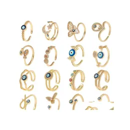 Anelli di banda Gold Evil Blue Eye Zircone Ringervo di gioielli con olio di gocciolamento di rame per olio di gocciolamento per le donne Delivery Delivery Dhgm0