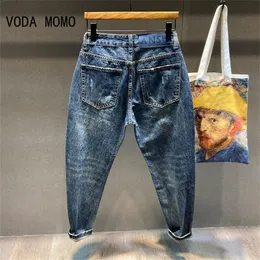 Men's Jeans Ripped Men Dark Gray Stretch s Pants Distressed Casual Harem Hip Hop Patched Ankle Length Trousers Brand 230320