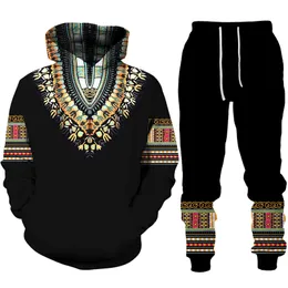 남성용 트랙복 아프리카 Dashiki Hoodiesuit 남자 캐주얼 3D 인쇄 민족 스타일 스웨트 셔츠 바지 세트 Menwomen Folk-Custom Streetwear Tracksuit 230317