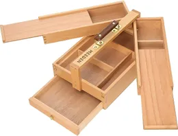 MEEDEN Artist Supply Storage Box, Portable Foldable Multi-Function Beech Wood Artist Tool & Brush Storage Box with Compartments & Drawer