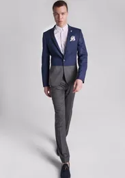 남자 양복 2 조각 최신 코트 팬츠 디자인 파란색과 회색 남성 웨딩 무도회 파티 잘 생긴 맞춤형 신랑 턱시도 (재킷 바지)