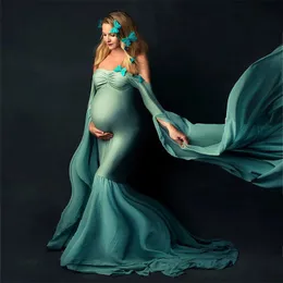 Maternidade Vestidos Sexy Pógrafia sem ombros Adeços longos para mulheres grávidas fantasia gravidez Elegência Maxi Vestido PO Shoot 230320