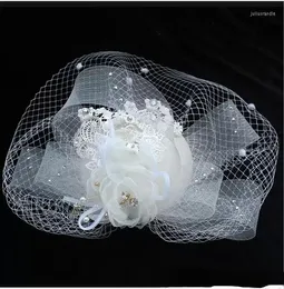 Headpieces Fashion Beige Wedding Bridal Hats For Ladies Lace Fascinator Cover Mask Pearls Flower Stage