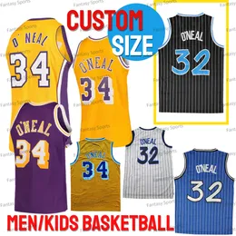 カスタムヴィンテージ34 Shaquille Oneal Jersey 32 Shaq Retro Basketball Jerseys Yellow Purple Men Size 3XL 4XL Youth S M L XLステッチビッグサイズジャージ