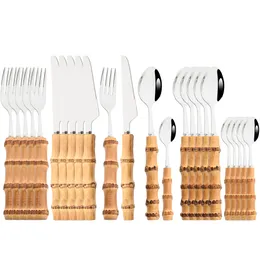 Dinnerware Gets Puramente natural Handle Bamboo Contos de prata 6/24pcs Tableware Fouca Falhera de Falhe de Aço Axtual 230320