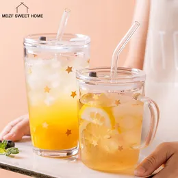 Water Bottles Portable Star Straw Cup Sealed Glass Juice Milk Mug With Handle Heat-Resistant Coffee Water Bottle Gift Travel Party Supplies 230320
