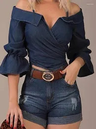 Women's Blouses Solid Color Flared Sleeve Blouse Tops Women Sexy Spaghetti Strap Off Shoulder Crop