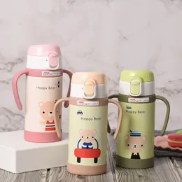 Water Bottles Bear Pattern 320ml Vacuum Flasks 304 Stainless Steel Baby's Straw Thermos Water Bottle Portable Handle Thermals Cups For Kids 230320