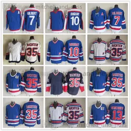 Фильм Винтажный хоккей Джерси ретро CCM Embroidery 35 Mike Richter Jersey 7 Rod Gilbert 10 Ron Duguay 13 Sergei Nemchinov 75th Jerseys