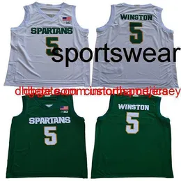 Männer 5 Cassius Winston College-Trikots weiß grün Basketball Erwachsenengröße genähte Jersey-Mischungsreihenfolge