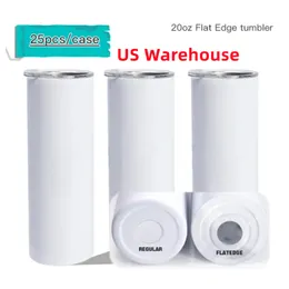US Warehouse de 20 oz de sublimação de borda plana Tumblers retos magros em branco com tampa de palha de plástico transparente Branca de parede dupla de parede dupla 25pcs B5