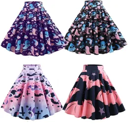 Spódnice Halloweenowa spódnica duch Kawaii Bat Print High talia Hepburn vintage zamek błyskawiczny ALINE 60S 50. Boże Narodzenie Vestidos 230321