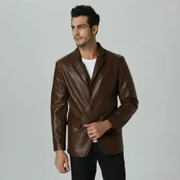 Men's Suits Faux Leather Brown Men Blazer Casual Business PU Slim Fit Plus Size Suit Jacket For Boy Long Sleeve Male