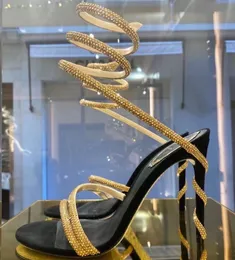 Fashion Sandals Crystal Embellished Rhinestone Heels Rene Caovilla Cleo 95mm Designer Ankle Womens High Heeled Flower Strap Bag