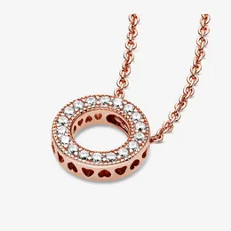 18K Rose Gold Pave Circle Necklace for Pandora 925 Sterling Silver Wedding designer Jewelry For Women Girlfriend Gift CZ Diamond Love Necklaces with Original Box