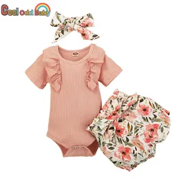 Set di abbigliamento 3 pezzi Set di vestiti per bambina Estate Neonato Bambino carino Volant Manica corta Pagliaccetto Top Pantaloncini floreali Fascia per capelli 2022 Vestito infantile Z0321