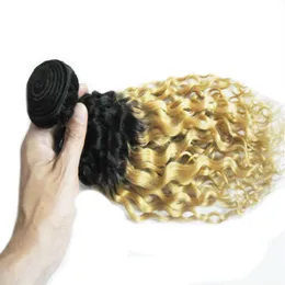 Fasci di tessuto per capelli biondi ombre capelli brasiliani vergini 1 fasci Non-Remy 100g 1b 613 ricci crespi trama di capelli umani biondi doppio wef218F