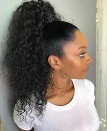 黒人女性のための人間の髪の描画ポニーテールラップ8Aブラジルのバージンキンキーカーリー120Gクリップナチュラルブラック1B送料無料長いポニー