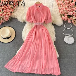 Casual Dresses WAKUTA Woman Boho Dress Summer Polka Dot Solid Color Belted Empire Long Maxi Dresses Femme Chic Casual Vestidos De Mujer 230321