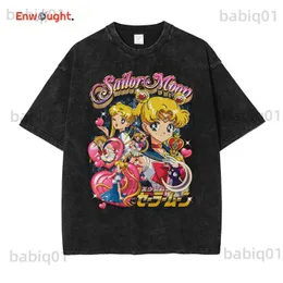 Erkek Tişörtler Anime Sailor Moon T-Shirts Vintage Yıkanmış Tsukino USAGI KIZ GRAFİK TOPRULLAR BOTTAK BÜYÜK SOKAK GİYESİ MANGA KISA KULLANIM TEE TEE Tees