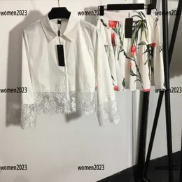 여성 디자이너 의류 여름 드레스 2 조각 세트 레이스 패널 옷깃 긴 슬리브 셔츠 및 치마 무료 배송 크기 S-L New Arrival MAR14