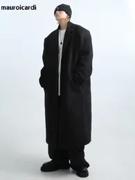Men's Wool Blends Mauroicardi Autumn Winter Long Oversized Warm Soft Black Trench Coat Men with Shoulder Pads Loose Casual Korean Fashion Overcoat 230320