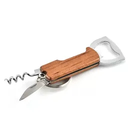 Bottle Favors Openers Wooden Handle Bottle Opener Keychain Knife Pulltap Double Hinged Corkscrew Stainless Steel Key Ring Opening Tools Bar
