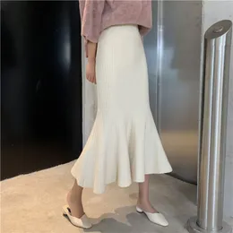 Skirts Spring And Autumn MidLength Slim Fit Fashion High Waist Knit For Women Slimming Hip Lotus Leaf Fishtail 230321