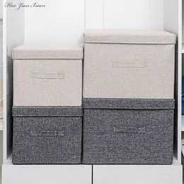 Storage Boxes Bins Washable Cotton Linen Fabric Folding CD Storage Box Foldable Bins Toys Organizer With Lid Storage Basket Laundry Basket 230321