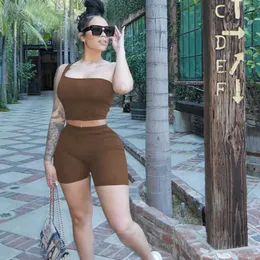 Women's Tracksuits Casual Tracksuit Knit 2 Piece Set Women Summer One Shoulder Crop Top and Shorts Matching Sets Sporty Fitness Joggers Streetwear P230307