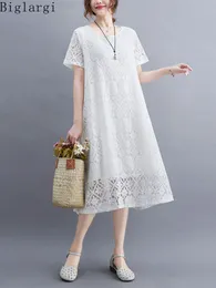 Casual Dresses Oversized Lace Hollowed Out Loose Print Big Size Tshirt Dress Summer Woman Casual Women Korea Ladies Womens Dresses Midi Dress 230321