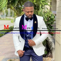 Ternos masculinos personalizados Jacquard Pattern Men Blue Shawl Dark Lapela Wedding Fashion Tuxedos Groom Prom Terno Masculino Blazer 3 peças