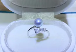 23032101 Diaomondbox anel de joias 7-8mm pérola akOYA banhado a ouro branco esterlina 925 prata tamanho livre ajustável curva aberta strass zircônia menina