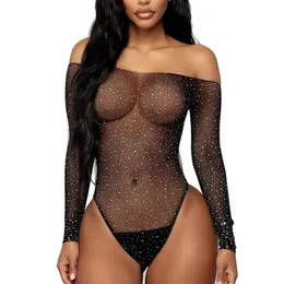 Womens Jumpsuits Rompers Beading Skinny Bodysuits Off Shoulder Sexy Diamonds Body Encaje Sparkle Transparent Women Attractive Long Sleeve Hollow R80877 230321