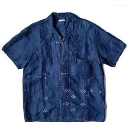 Koszulki męskie w stylu Kapital Niebieski barwiony garbnik jeansowy bawełniany lniany nadruk Japan Japonia Vintage krótkie rękawowe i kobiety luźna koszula
