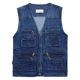 Coletes masculinos de tamanho grande vneck clássico de jeans de jeans masculino sólido casual casual com muitos bolsos pescando jaqueta sem mangas 230320