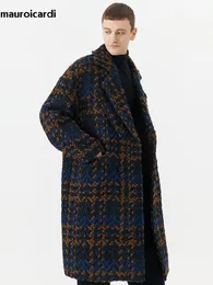 Herr ull blandar Mauroicardi Autumn Winter Long Loose Stylish Cool Thick Warm Plaid Tweed Woolen Coat Men Double Breasted European Fashion 2023 230320