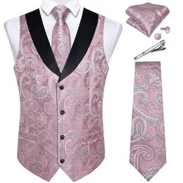 Herrenwesten, rosa Paisly-Anzugwesten-Set, 5-teilig, Smoking-Weste und Krawatte, Einstecktuch, Manschettenknöpfe, Krawattenklammern für Hochzeit, Herrenbekleidung, Blazer, Weste 230321