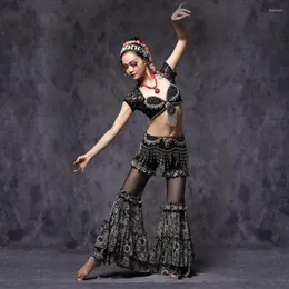 Stage Wear Tribal Belly Dance Training Clothes 3pcs Outfit Sexy Lace Crop Tops Hip Belt And Pants Women Costume