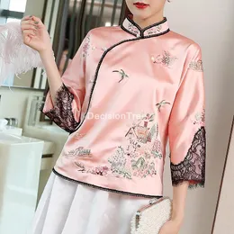 Abbigliamento etnico 2023 Colletto alla coreana Vintage Donna Cheongsam Top Ricamo floreale tradizionale cinese Qipao Top Camicie a maniche in pizzo