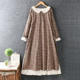 Lässige Kleider Vintage japanischer Stil Spitze Peter Pan Kragen Langarm rustikale Blumen drucken Baumwollschichten Kleid Herbst RV760 230321