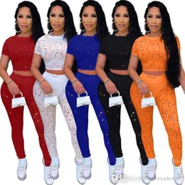 2023 Designer Womens Tracksuits Two Piece Pants Set Summer Outfits Sexy Holed Crew Neck Short Sleeve Crop Top And Leggings Sport Suit